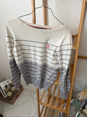 U.S. Polo Assn. Cream and Gray Striped Boatneck Sweater with Pink Logo